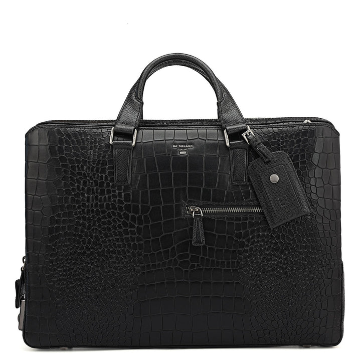 Croco Leather Laptop Bag - Black
