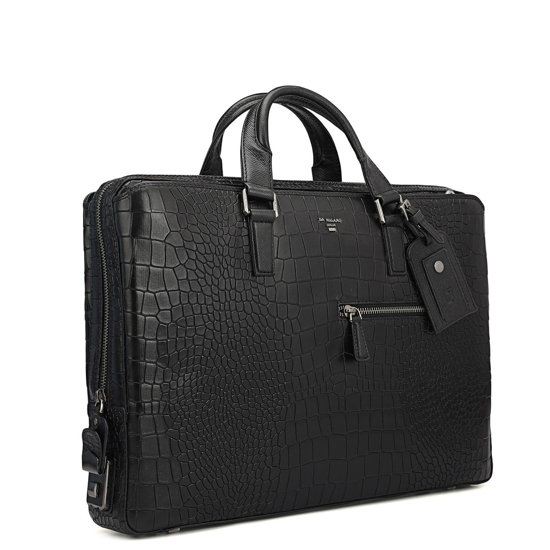 Croco Leather Laptop Bag - Black