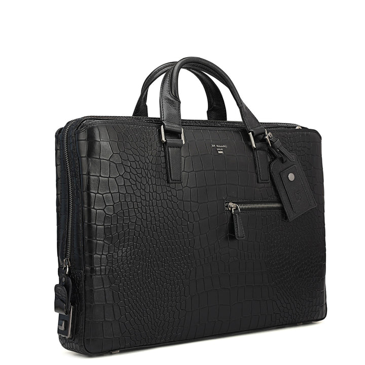 Croco Leather Laptop Bag - Black