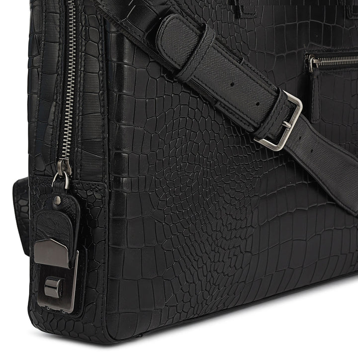 Croco Leather Laptop Bag - Black