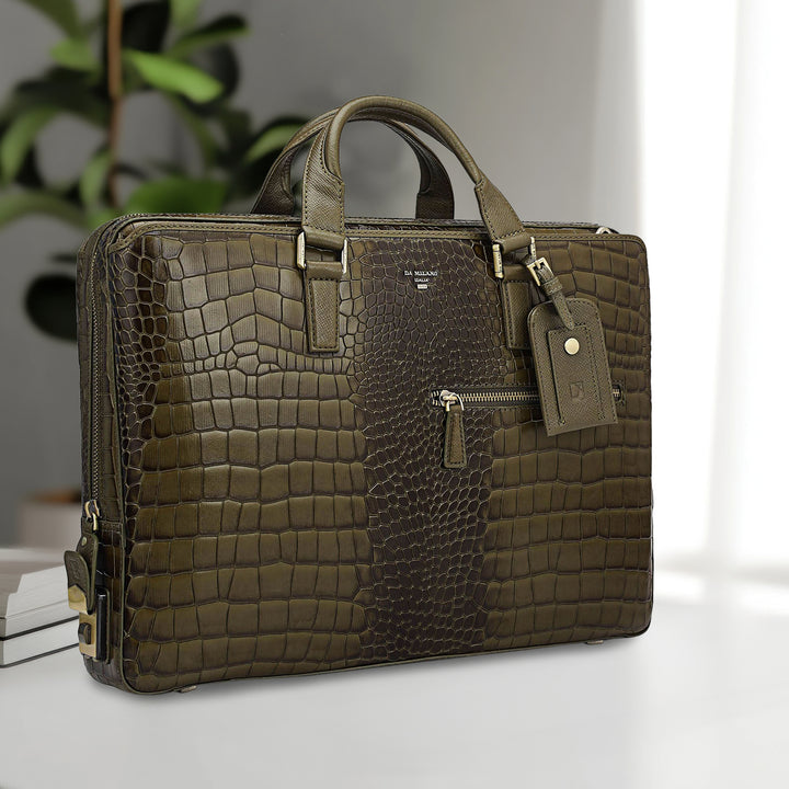 Croco Leather Laptop Bag - Military Green