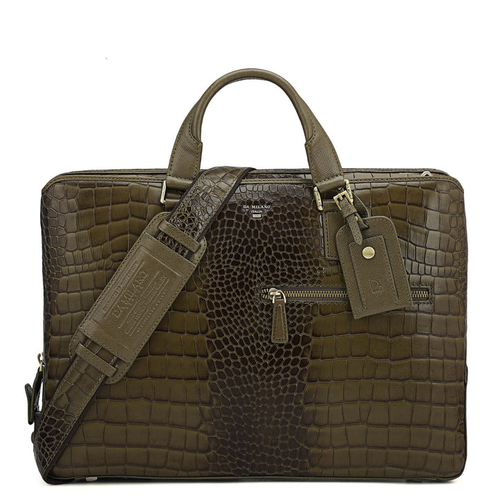 Croco Leather Laptop Bag - Military Green