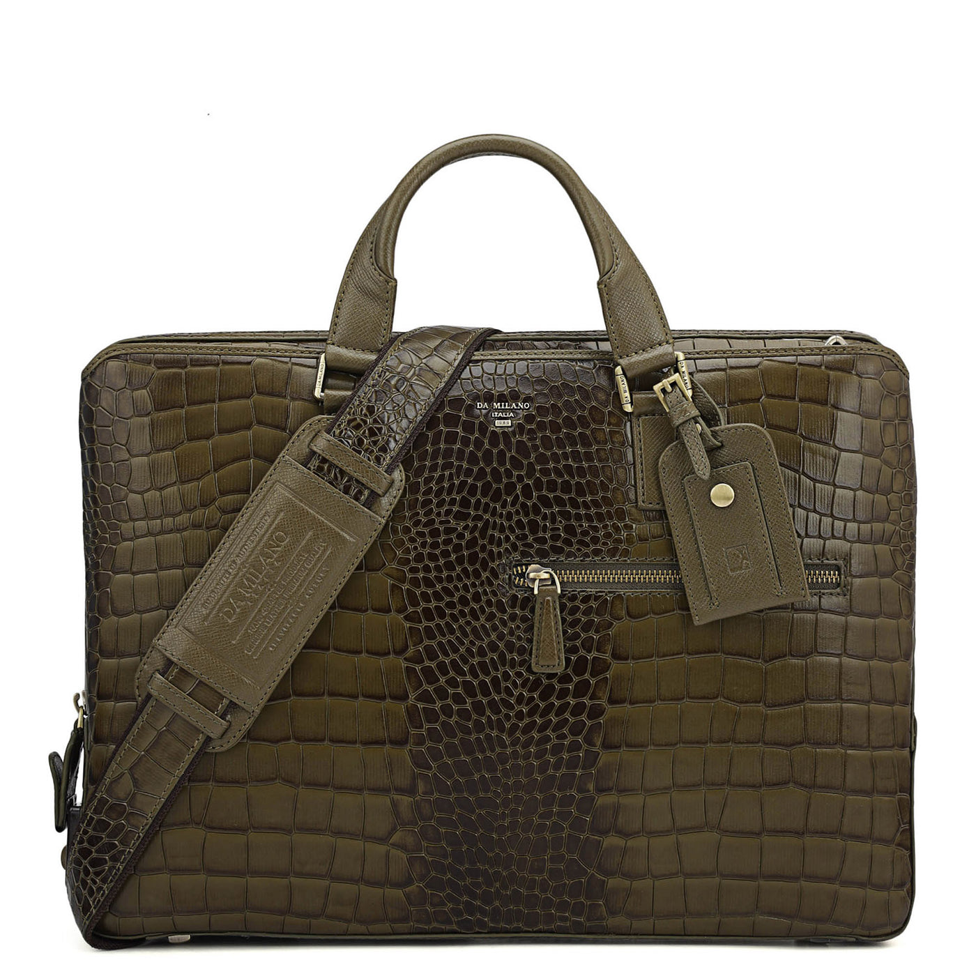 Croco Leather Laptop Bag - Military Green