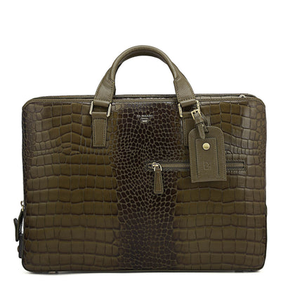 Croco Leather Laptop Bag - Military Green