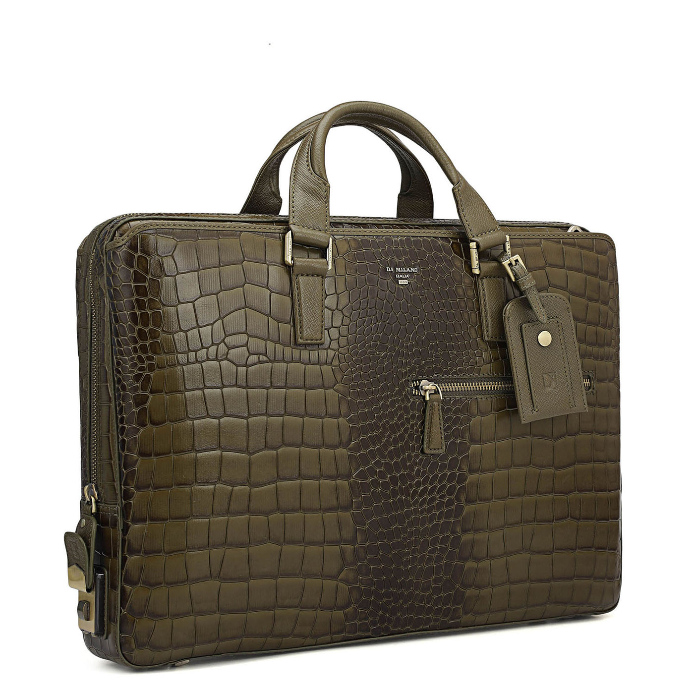 Croco Leather Laptop Bag - Military Green