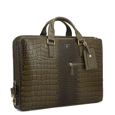 Croco Leather Laptop Bag - Military Green