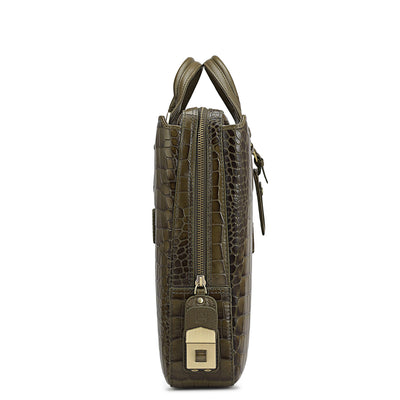 Croco Leather Laptop Bag - Military Green
