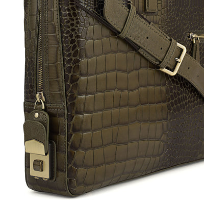 Croco Leather Laptop Bag - Military Green