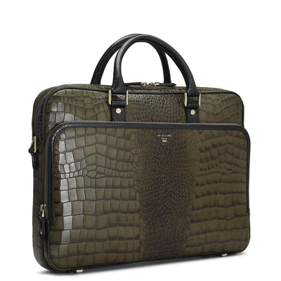 Military Green Croco Leather Laptop Bag - Upto 15"