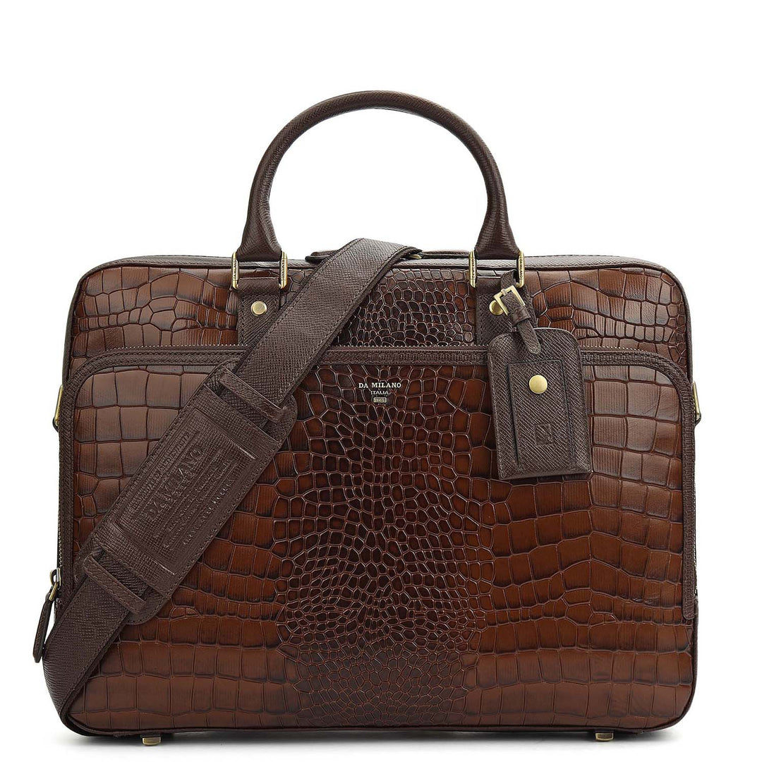 Croco Leather Laptop Bag - Brown