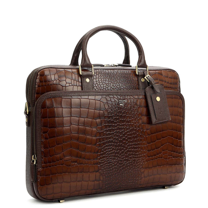 Croco Leather Laptop Bag - Brown