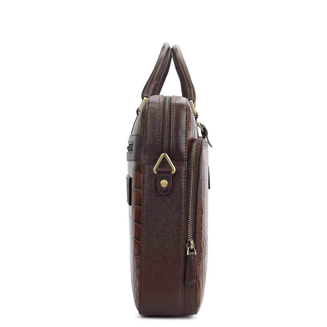 Croco Leather Laptop Bag - Brown