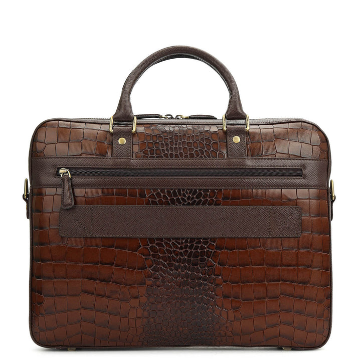 Croco Leather Laptop Bag - Brown