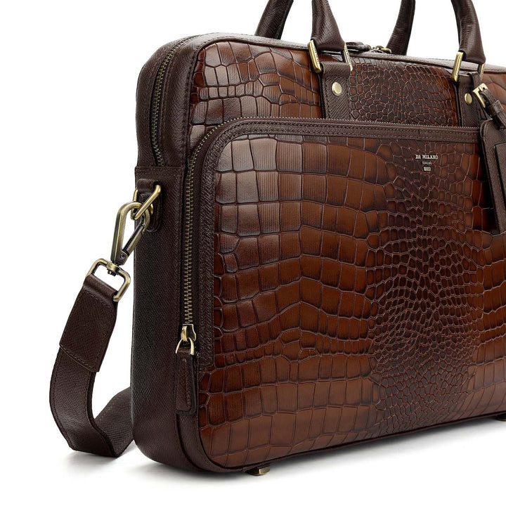 Croco Leather Laptop Bag - Brown