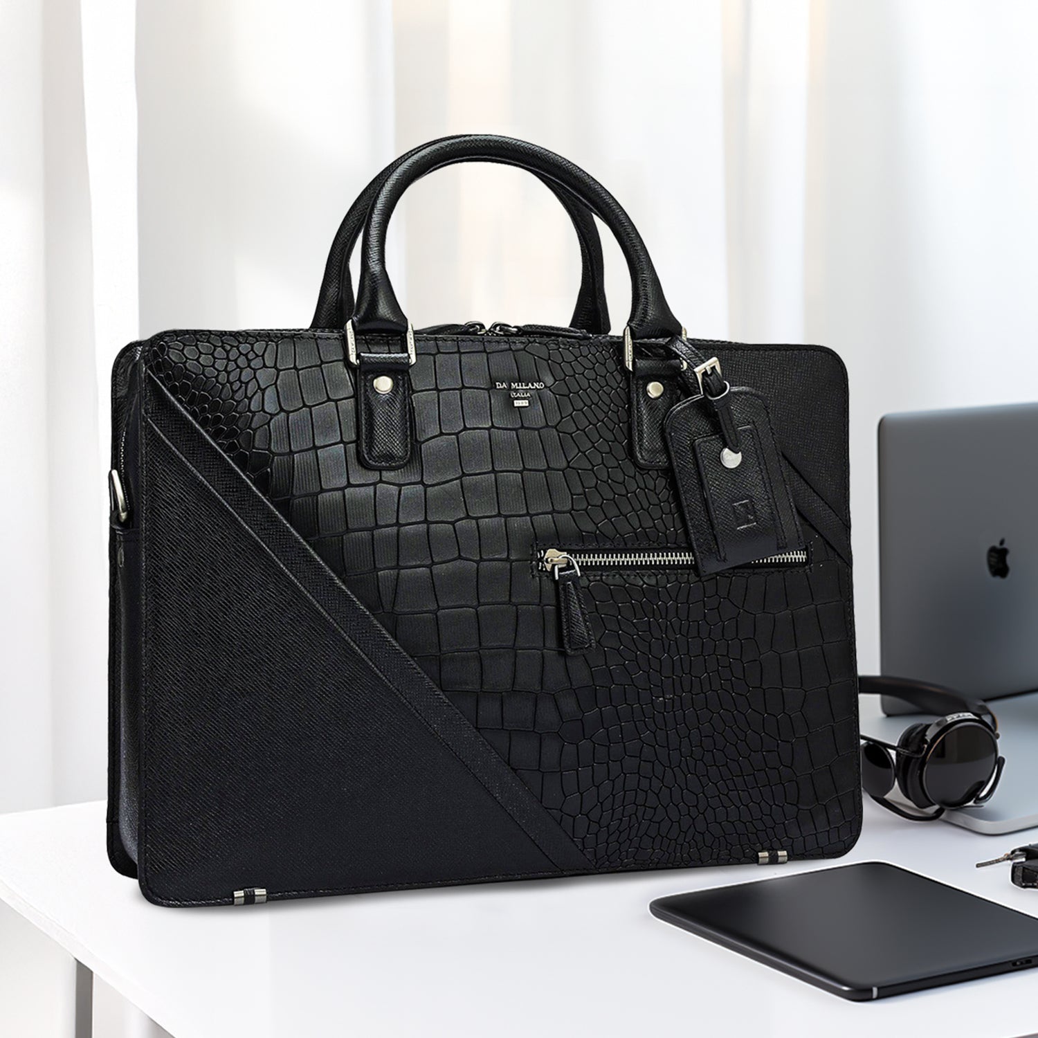 DA MILANO レザーバッグ Croco Franzy Leather Laptop Bag - Black – Da Milano