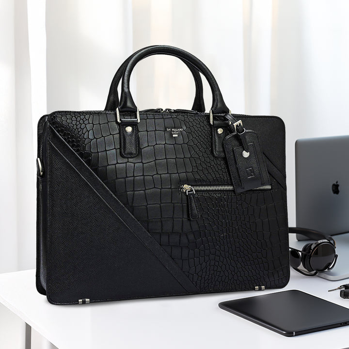 Croco Franzy Leather Laptop Bag - Black