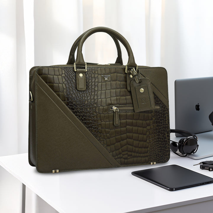 Croco Franzy Leather Laptop Bag - Military Green