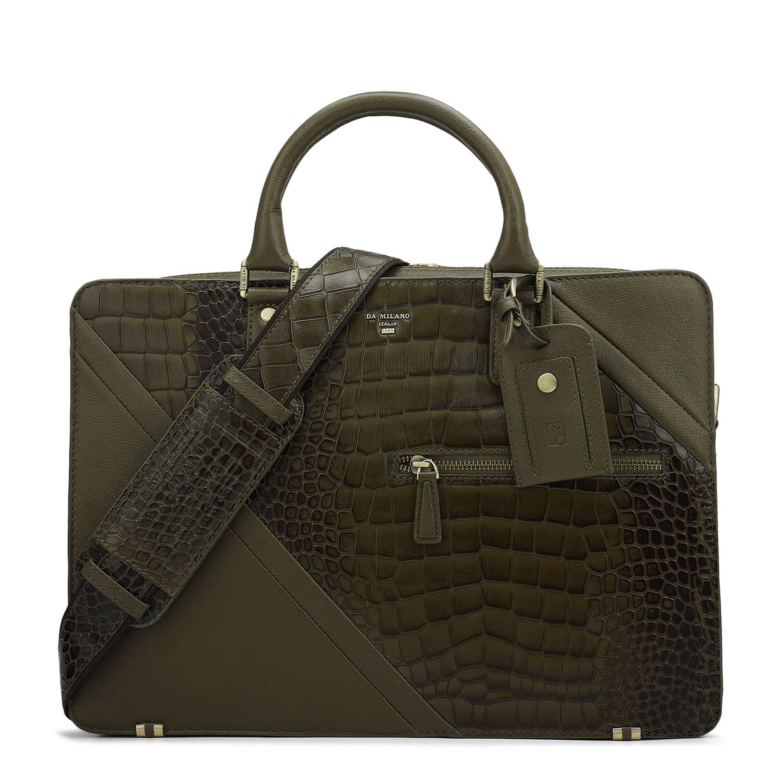Croco Franzy Leather Laptop Bag - Military Green