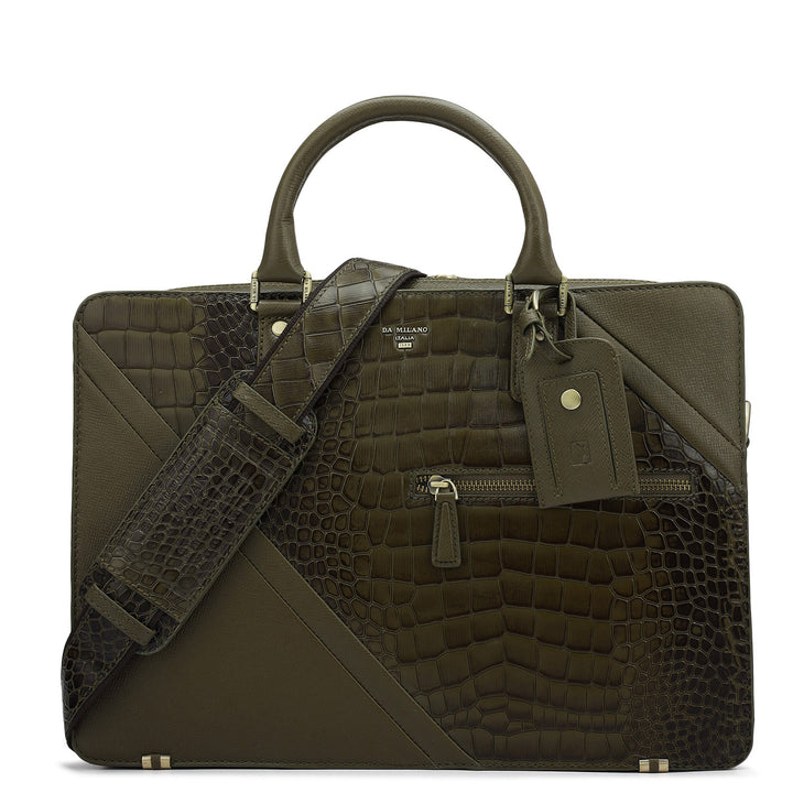 Croco Franzy Leather Laptop Bag - Military Green