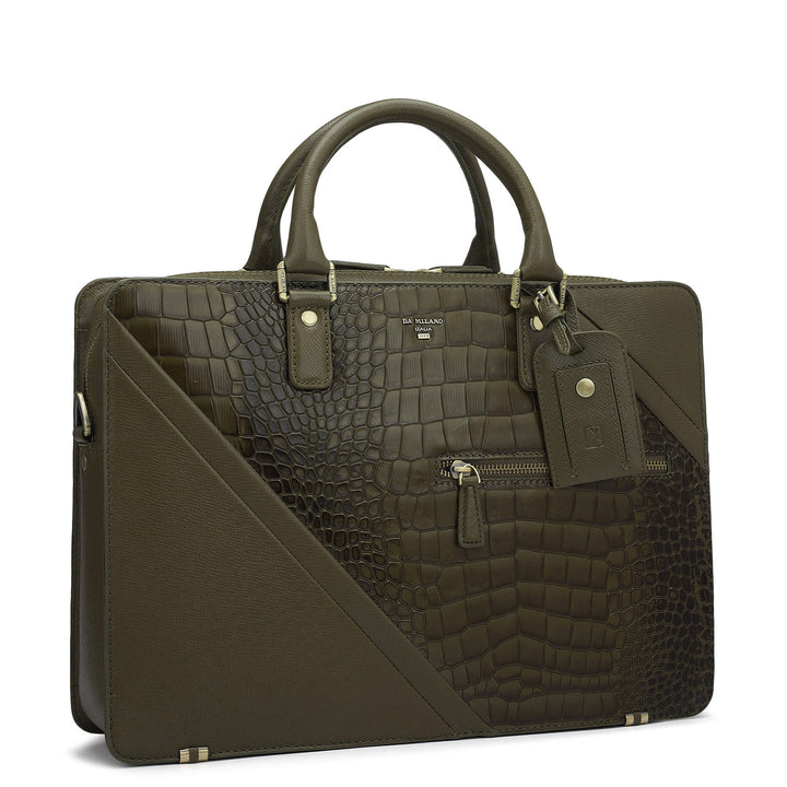 Croco Franzy Leather Laptop Bag - Military Green