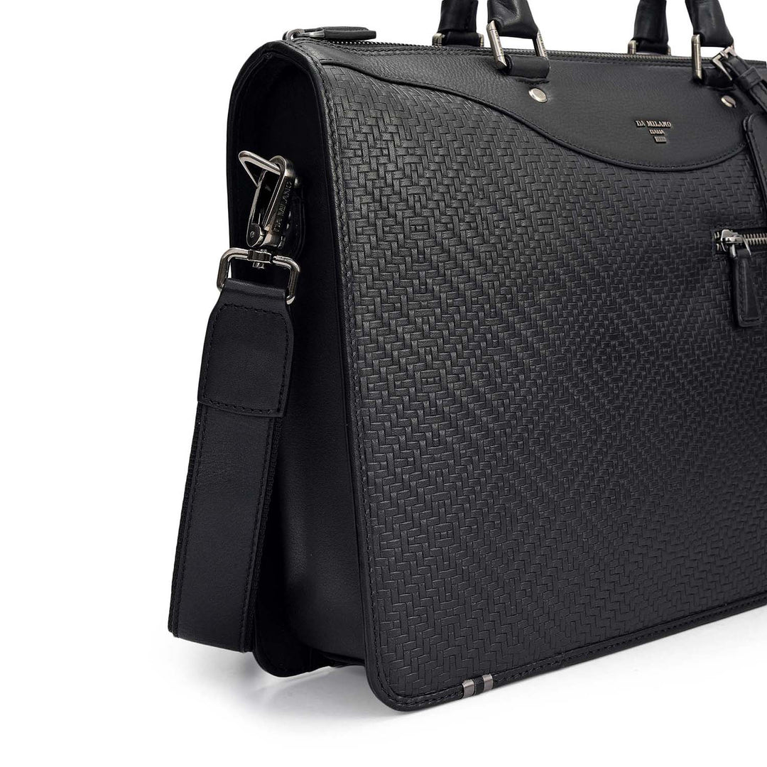 Mat Emboss Plain Leather Laptop Bag - Black