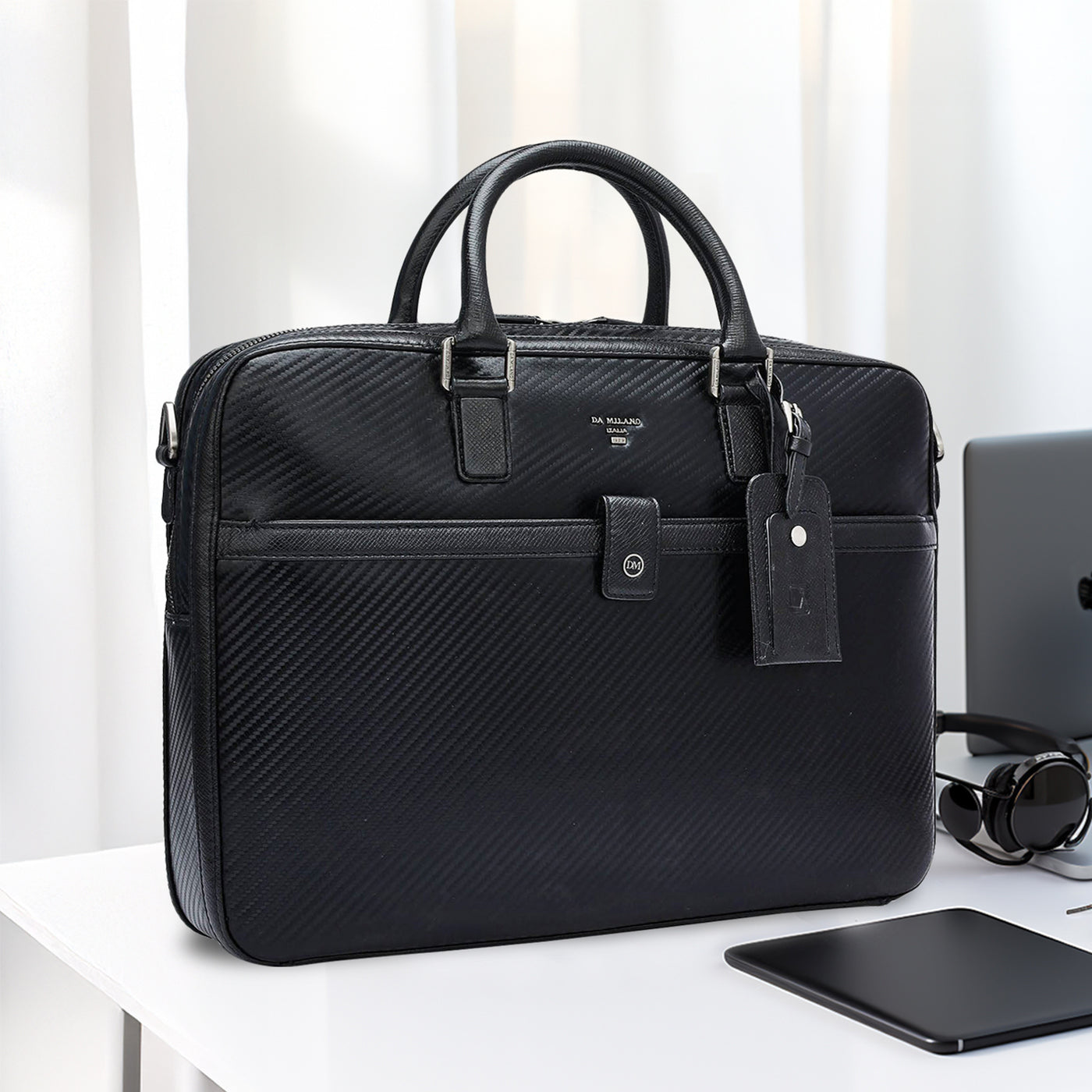 Italian Texture Print Laptop Bag - Black