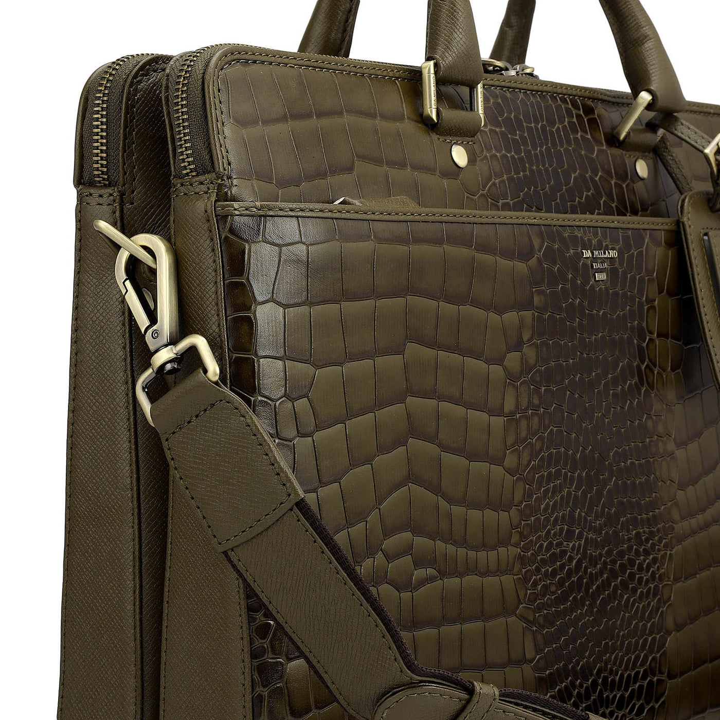 Croco Franzy Leather Laptop Bag - Military Green