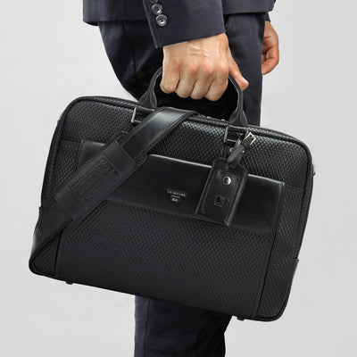 Mat Emboss Leather Laptop Bag - Black