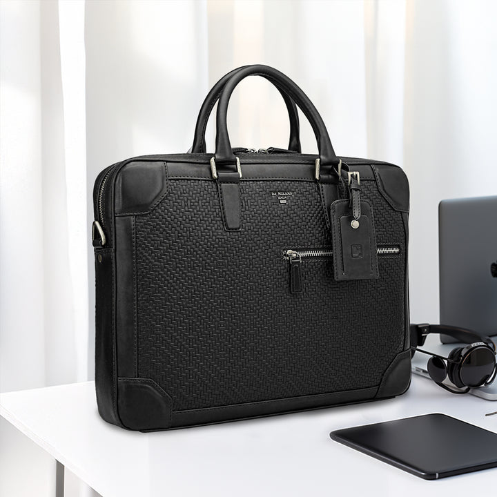 Mat Emboss Leather Laptop Bag - Black