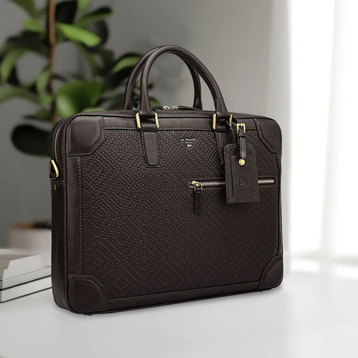 Mat Emboss Leather Laptop Bag - Brown