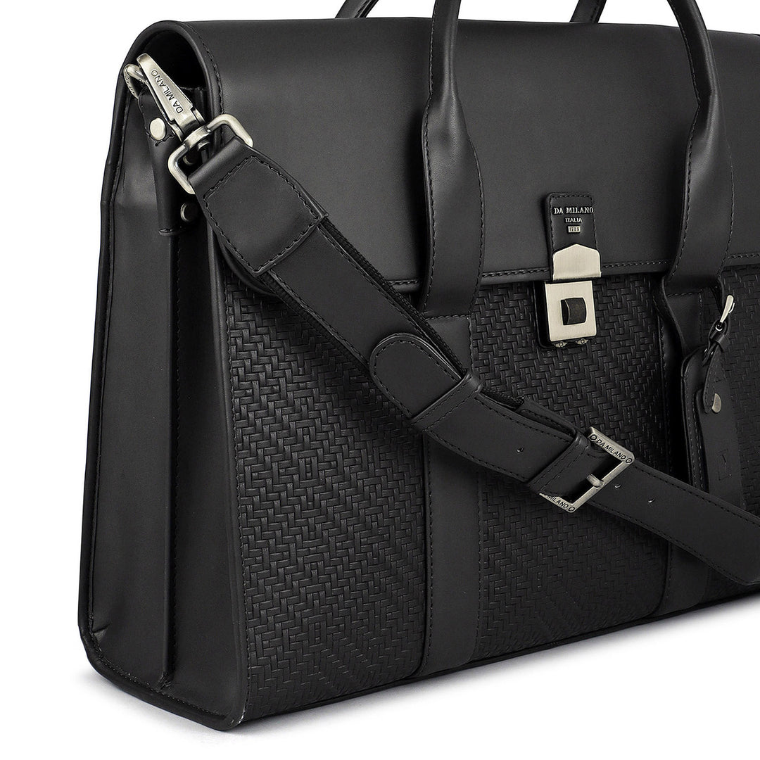 Mat Emboss Plain Leather Laptop Bag - Black