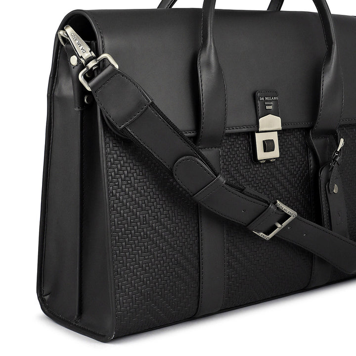 Mat Emboss Plain Leather Laptop Bag - Black