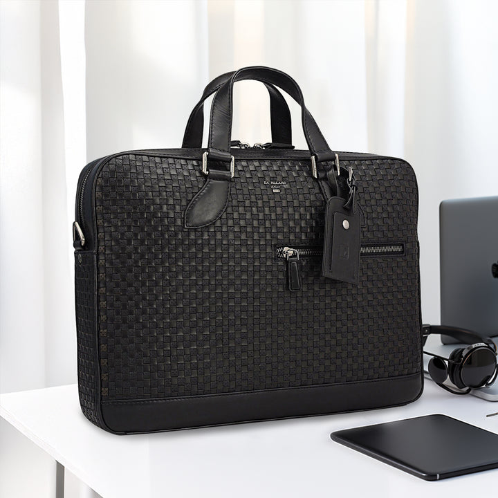 Mat Plain Leather Laptop Bag - Black