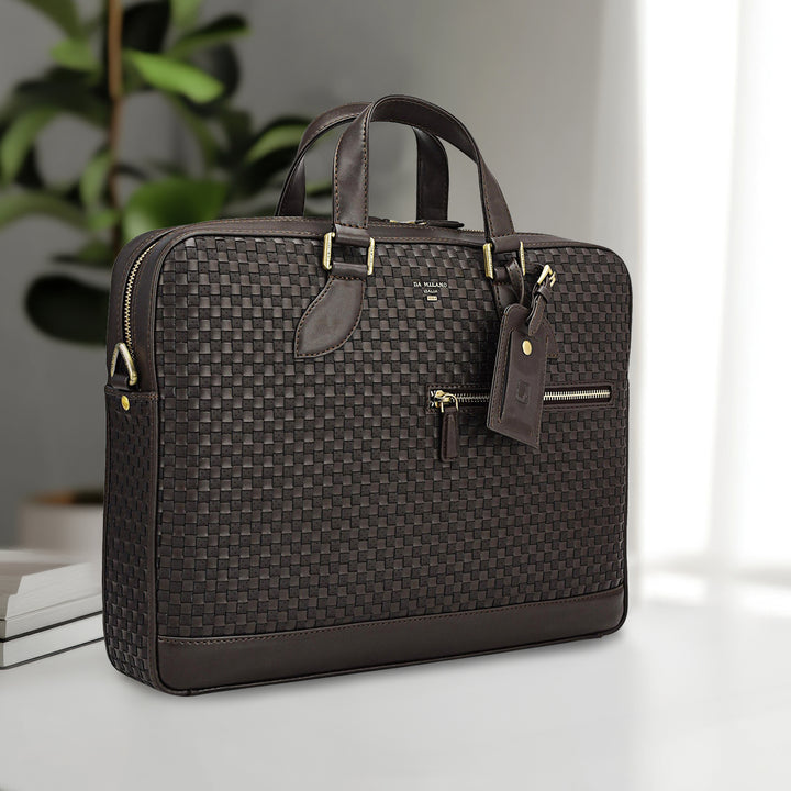 Mat Plain Leather Laptop Bag - Dark Brown