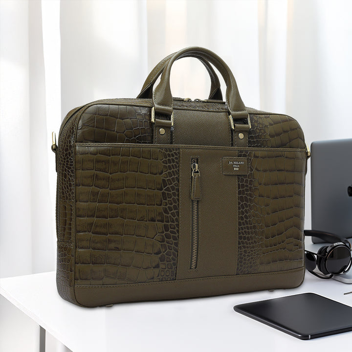 Croco Franzy Leather Laptop Bag - Military Green