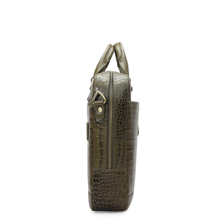 Croco Franzy Leather Laptop Bag - Military Green