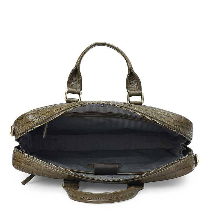 Croco Franzy Leather Laptop Bag - Military Green