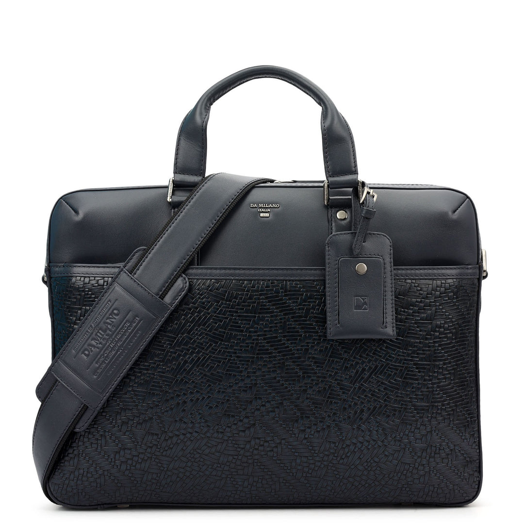 Mat Emboss Plain Leather Laptop Bag - Navy