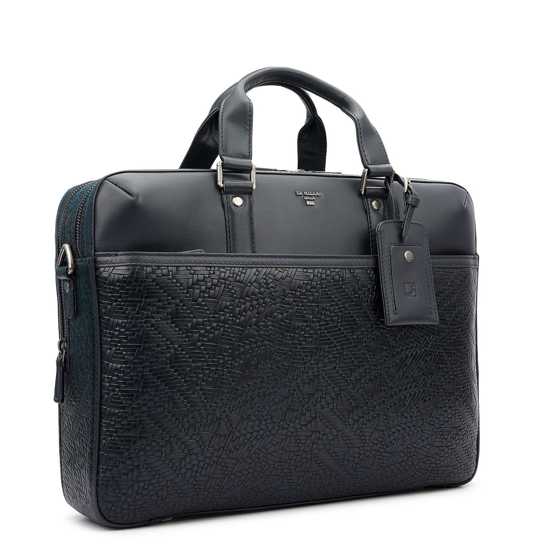 Mat Emboss Plain Leather Laptop Bag - Navy