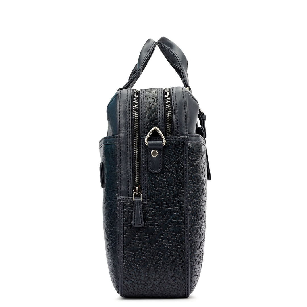 Mat Emboss Plain Leather Laptop Bag - Navy