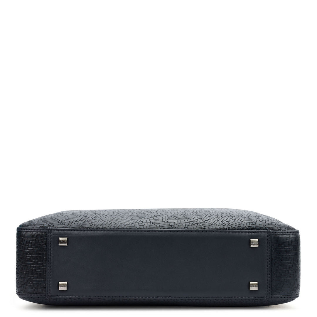 Mat Emboss Plain Leather Laptop Bag - Navy