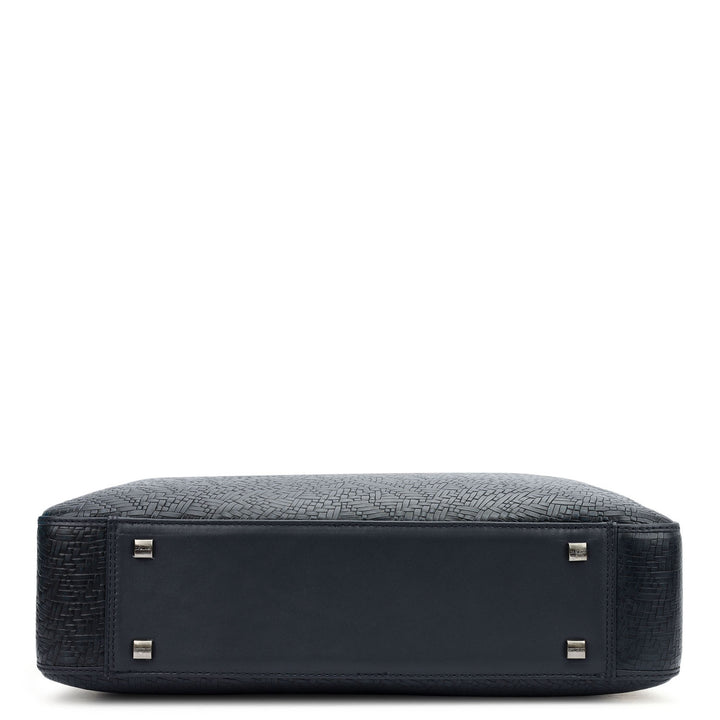 Mat Emboss Plain Leather Laptop Bag - Navy