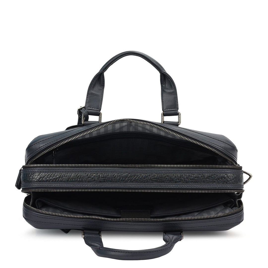 Mat Emboss Plain Leather Laptop Bag - Navy