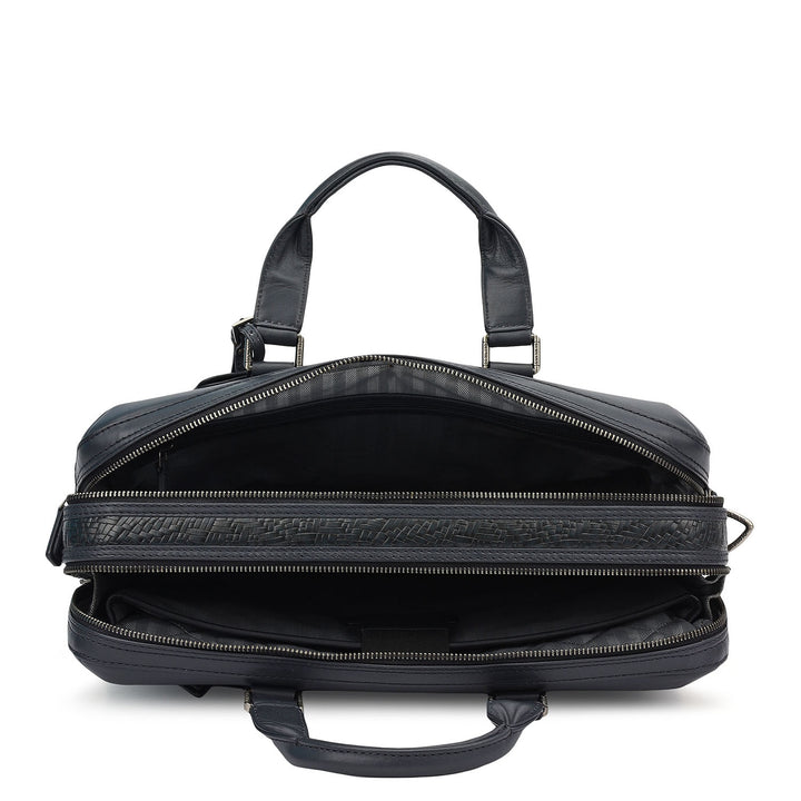 Mat Emboss Plain Leather Laptop Bag - Navy