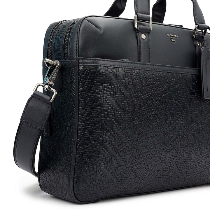 Mat Emboss Plain Leather Laptop Bag - Navy