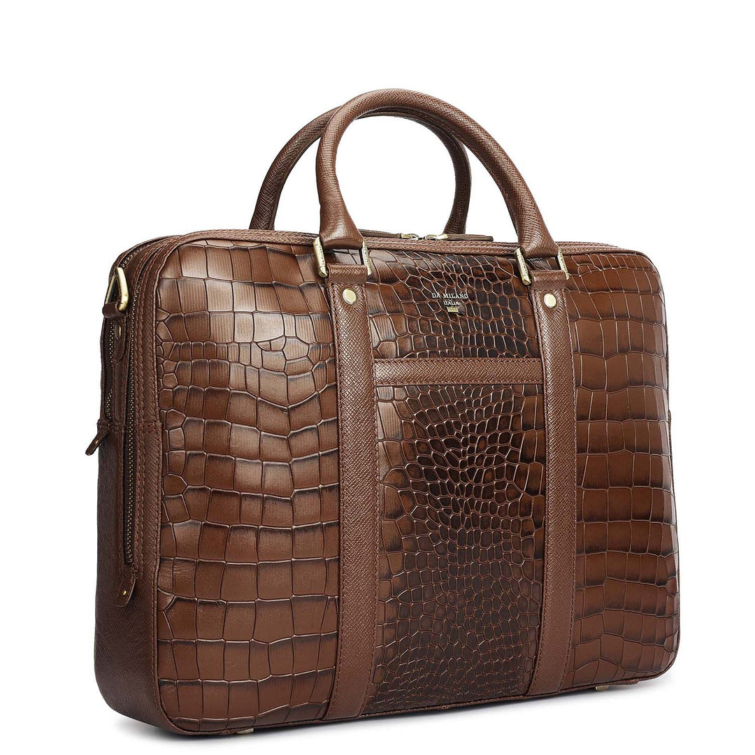 Croco Leather Laptop Bag - Walnut