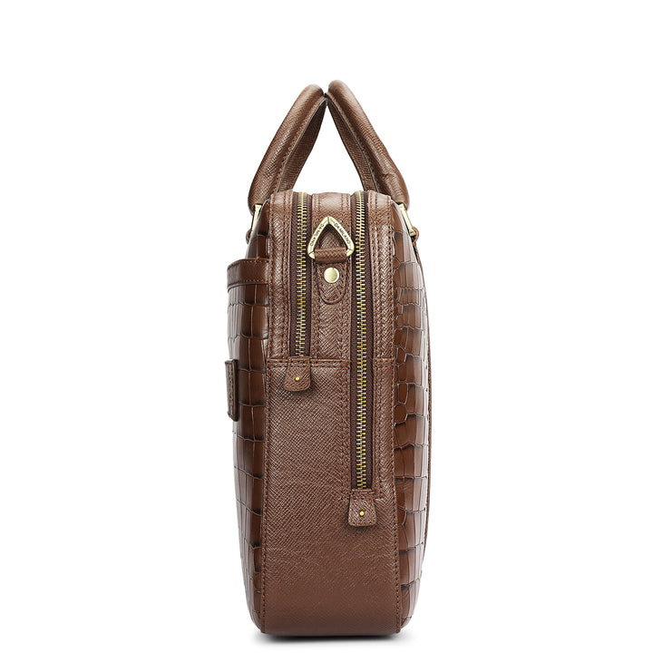 Croco Leather Laptop Bag - Walnut