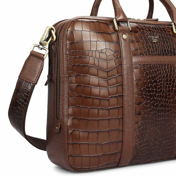 Croco Leather Laptop Bag - Walnut