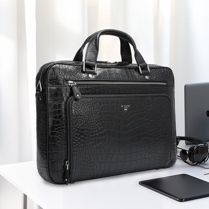 Croco Leather Laptop Bag - Black