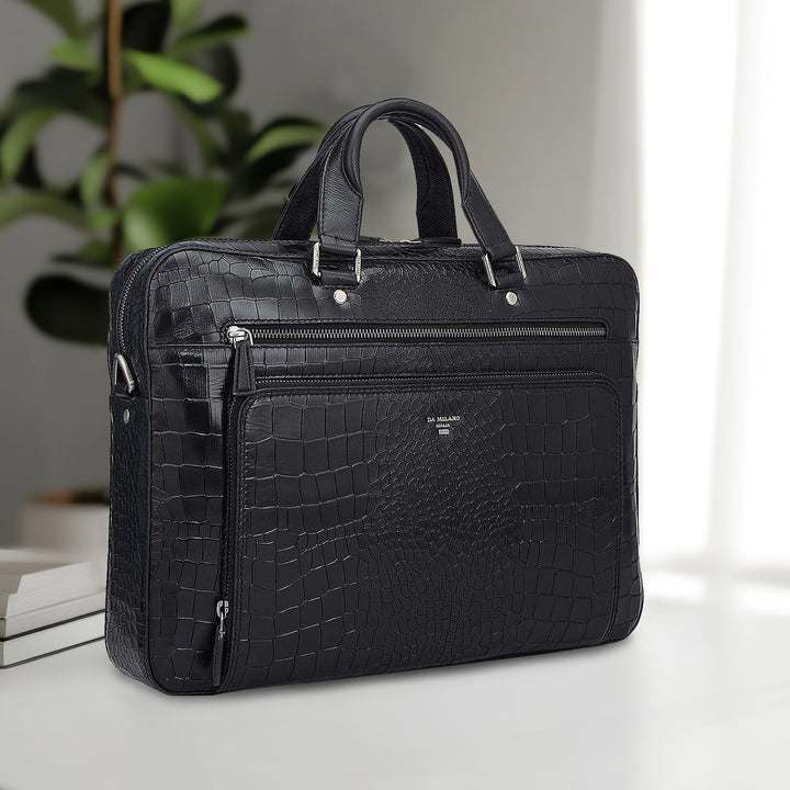 Croco Leather Laptop Bag - Black